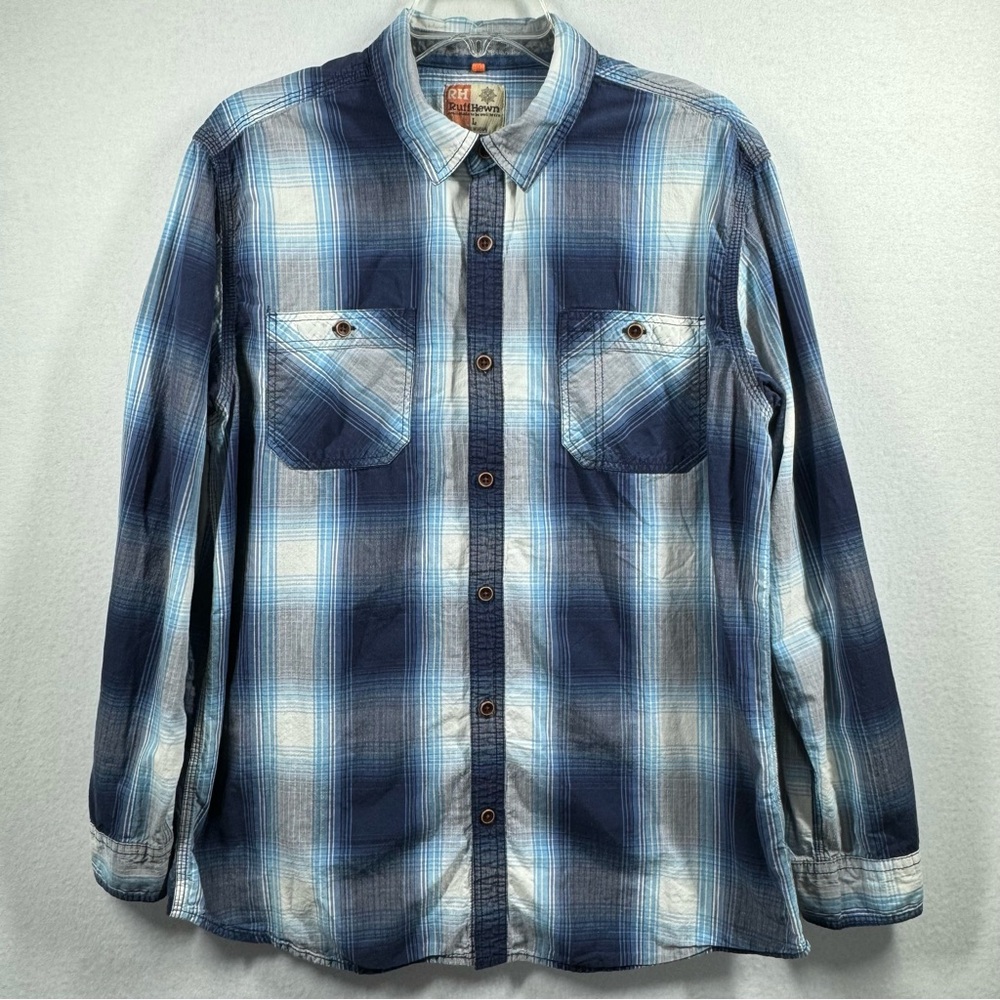 Ruff Hewn Shirt Mens Large‎ Blue Plaid Long Sleeve Button Up Pockets Collard